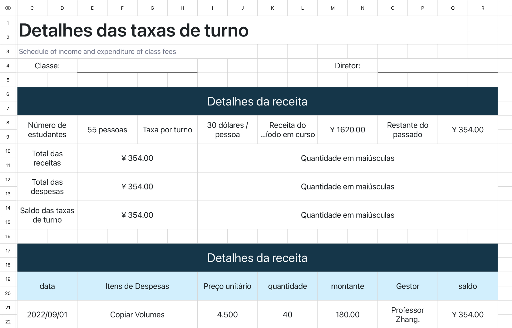 Detalhes das taxas de turno